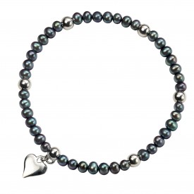 Peacock blue pearl stretch bracelet with silver beads and heart slza