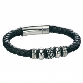 B4211 Stainless Steel BLACK Leather Celtic Bead Bracelet