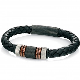 Stainless steel, black brown PVD and black leather woven bracelet