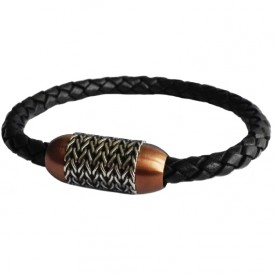 Black Leather Bracelet with Stainless Steel chain and Rose Gold detail 