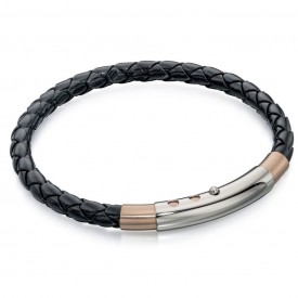 Fred Bennett Stainless Steel Skinny Black Leather & Rose PVD Bracelet