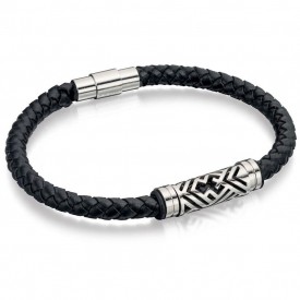 FB stainless steel black leather bracelet