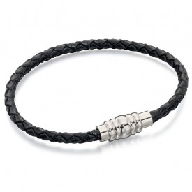 FB skinny stainless steel black leather magnetic bracelet 