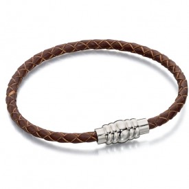 FB skinny stainless steel brown leather magnetic bracelet