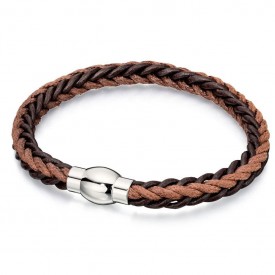 FB brown leather and cord bracelet in square plaited profile