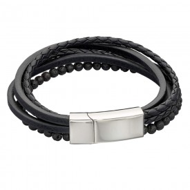 Reborn bead lava bead mutli row recycled black leather bracelet