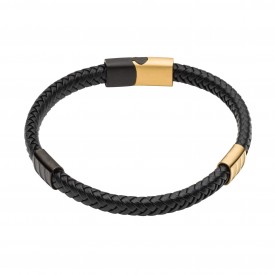 Reborn Black Ip and Gold Recycled Leather Plaited Bracelet