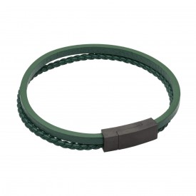 Snake effect green leather and black IP Clasp Bracelet