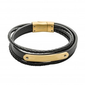 Reborn Black Leather with IP Gold Plating ID 22cm Bracelet