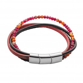 Carnelian Discs & Red Agate Beads with Double Black Leather Row and Red Thin Cork 22cm Bracelet