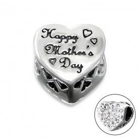 Silver Heart Happy Mother's Day Bead with Crystal