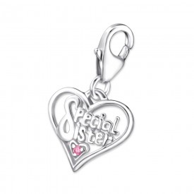 Silver Heart Charm with Lobster with Cubic Zirconia
