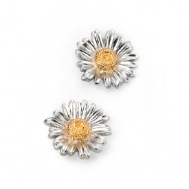 Rhodium Plated Daisy Stud Earrings with yellow gold detail