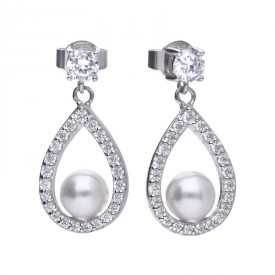 Pearl earrings silver with white shell pearls, white Diamonfire zirconia and teardrop shape