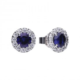 Round ear studs silver with blue Diamonfire zirconia and pave setting