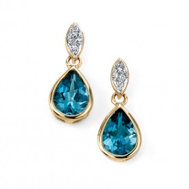 EG 9ct yellow gold drop earring with pave diamond and london blue topaz