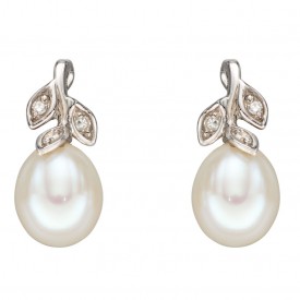WG Fresh Water Pearl & Diamond Leaf Design Earrings