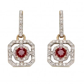 Ruby and illusion setting diamond art deco earring yellow gold