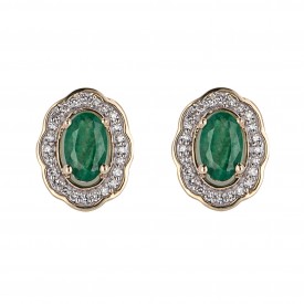 Yellow Gold Diamond ornate Oval Emerald Earrings