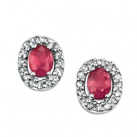 white gold oval ruby earrings with pave diamonds
