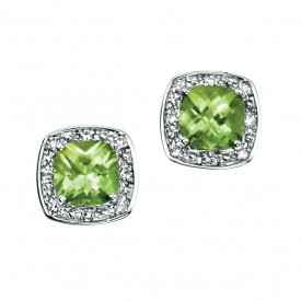 white gold earrings with cushion cut peridot with pave diamond surround