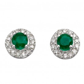 White Gold Emerald Round earrings with Diamond Edge