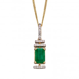 Emerald yellow gold baguette and diamond deco looking pendant