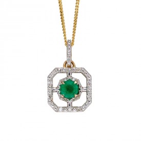 Emerald and illusion setting diamond art deco pendant yellow gold