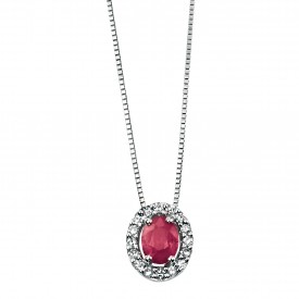 white gold oval ruby pendant with pave diamonds