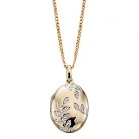 Yellow gold oval locket with diamond leaf pattern