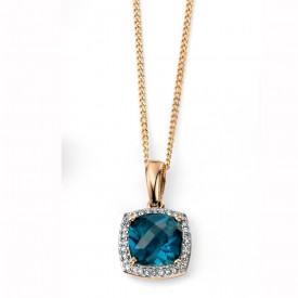 YG london blue topaz checkerboard pendant with diamond surround