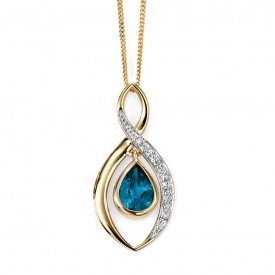 EG 9ct yellow gold twist pendant with london blue topaz teardrop