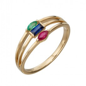 Yellow gold  triple band ring with Ruby, sapphie and Emerald