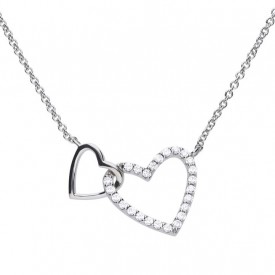 Heart collier silver with white zirconia stones and two meshing hearts