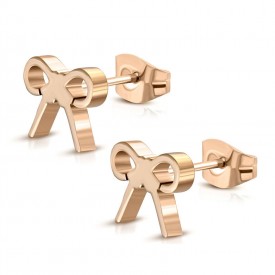 Pink Gold Color Plated Stainless Steel Bow Ribbon Stud Earrings