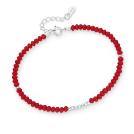 Sterling Silver Bracelet, Beaded with Crystal Glass Red Coral