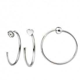 Set of three nose rings, crystal, ball & heart
