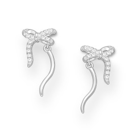 925 Sterling Silver Ribbon Push-Back Earrings, Decorated with CZ