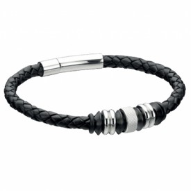 Fred Bennett Stainless Steel BLACK Leather Disc 21cm Bracelet