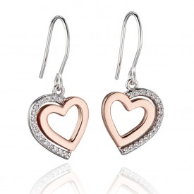  two tone heart drop earrings with pave shadow