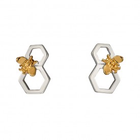 Honeycomb and bee silver and yellow gold platting earrings