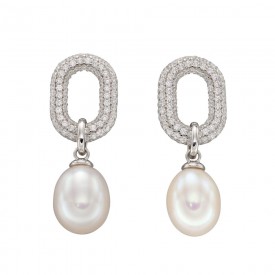 Pave Link oval Pearl Drop earrings - w/ white pearl