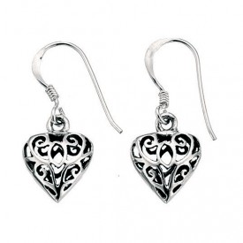 Earrings, Filigree heart drop earrings. Oxidised. Hook wire fitting.
