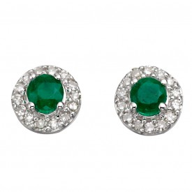 White Gold Emerald Round earrings with Diamond Edge