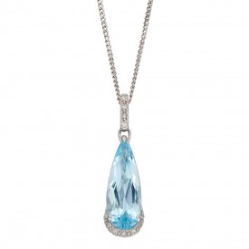 Elongated Blue topaz  teardrop diamond Pendant white gold