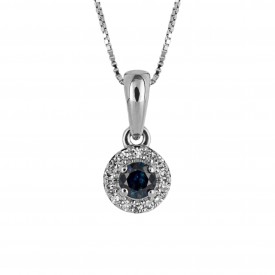 White Gold Sapphire Round Pendant with Diamond Edge