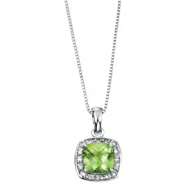 white gold pendant with cushion cut peridot with pave diamond surround