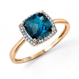 YG london blue topaz checkerboard ring with diamond surround