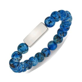 Stainless Steel Polished ID Plate Lapis Bead Stretch Bracelet